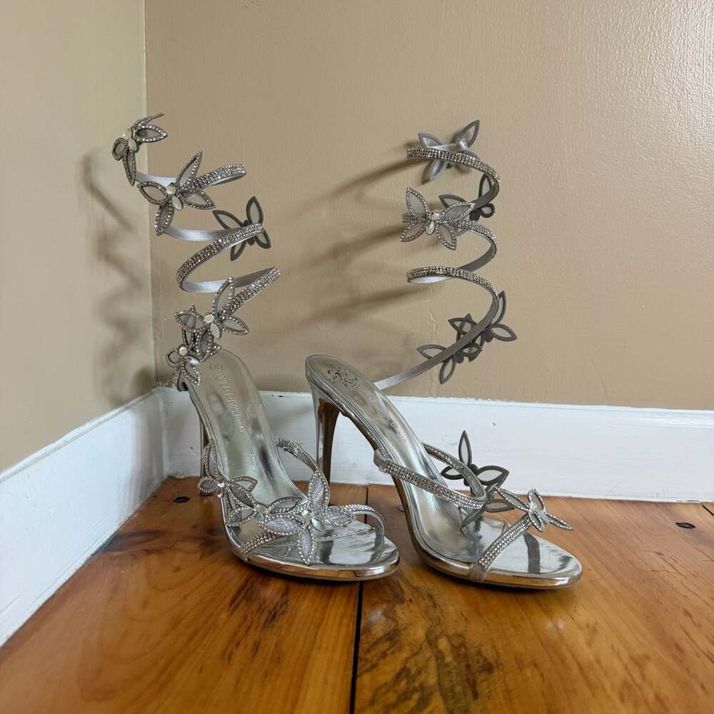 Wild Diva Lounge Silver Rhinestone Butterfly Spiral Coil Wrap Around High Heel S